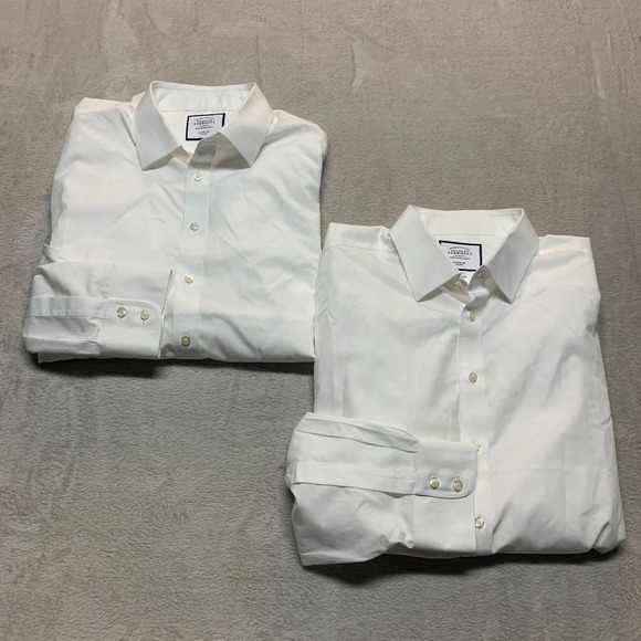 Lot 2 Charles Tyrwhitt Shirt Mens 18/35 White Oxford Non Iron Slim Fit Button Up - Picture 1 of 15
